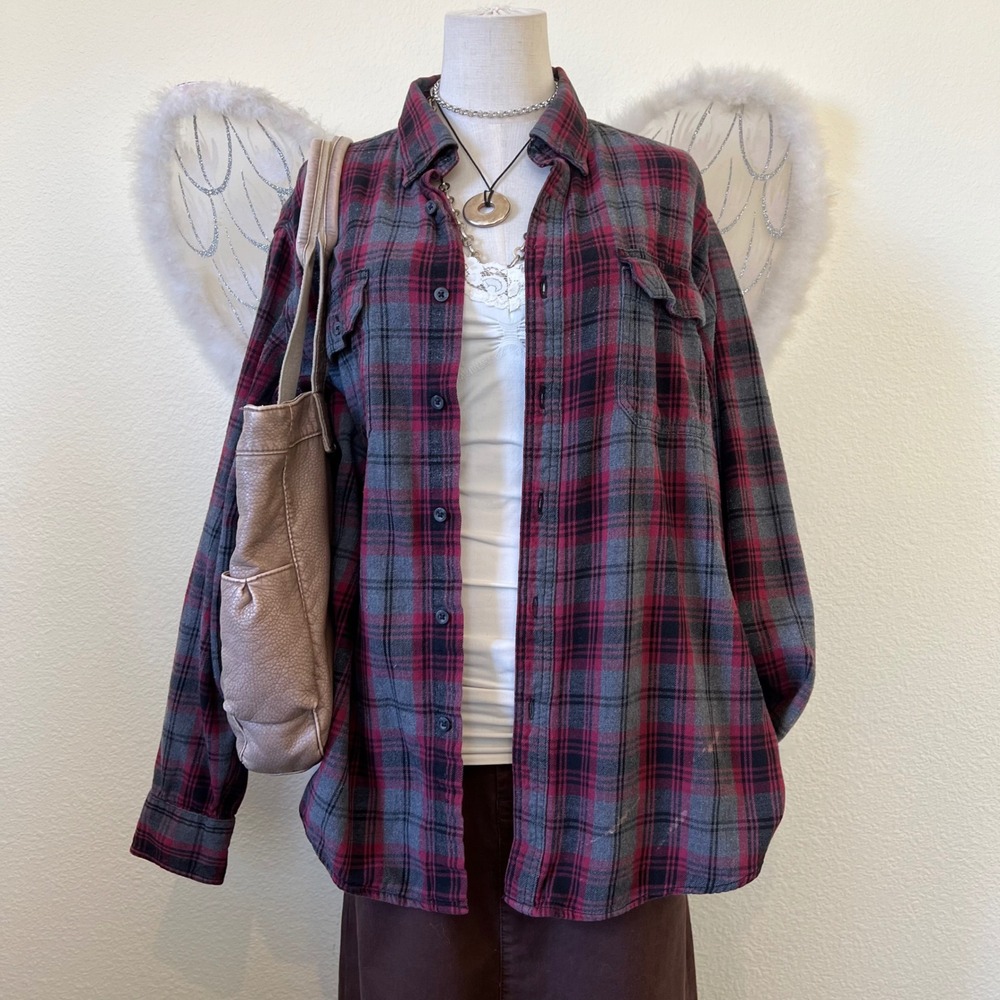 Indie Skater Grunge Oversized Shirt Button Up Long Sleeve Grey Red Flannel Baggy - Picture 2 of 8